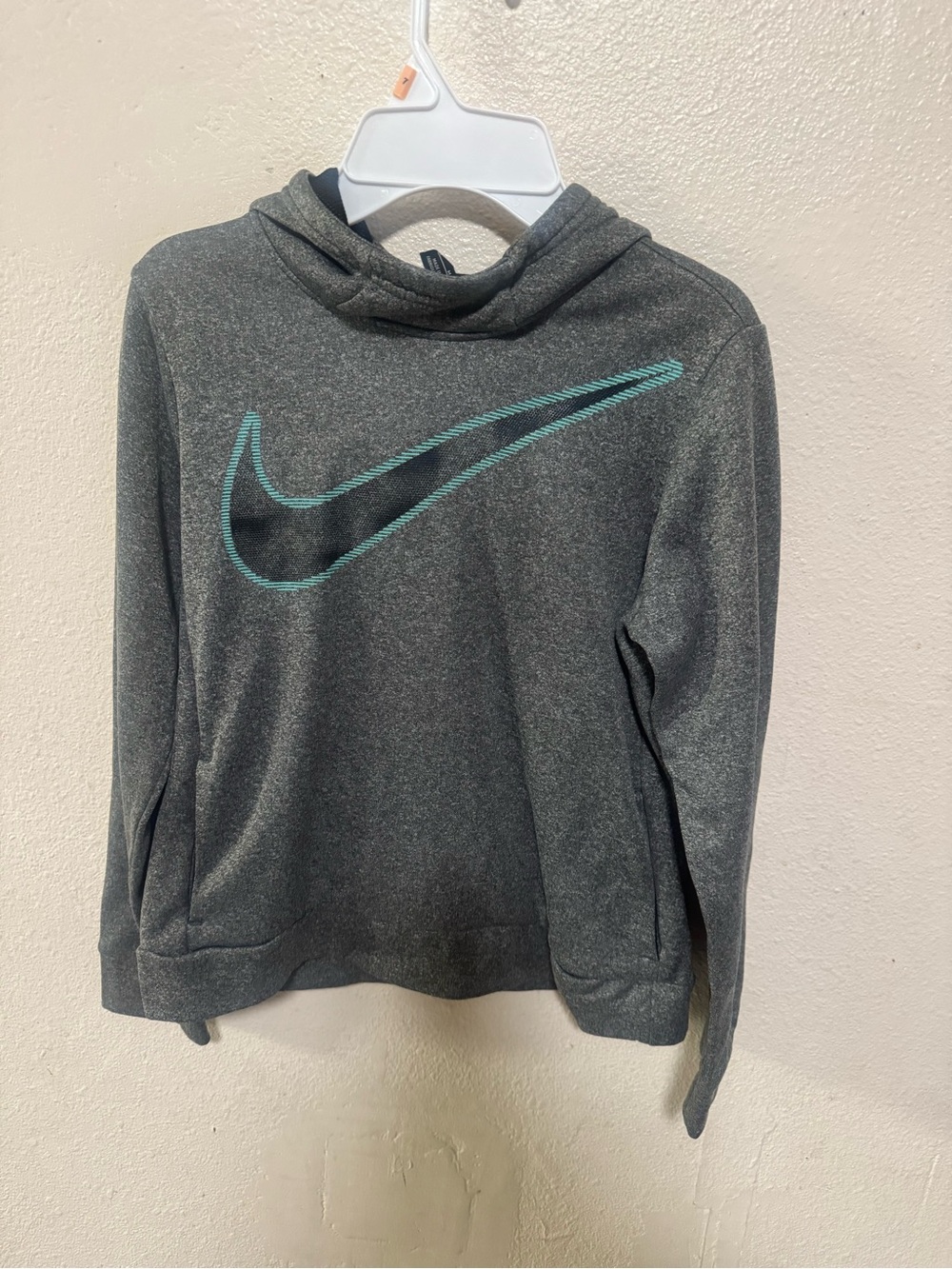 Nike Kids Gray Pullover Hoodie with Teal Swoosh